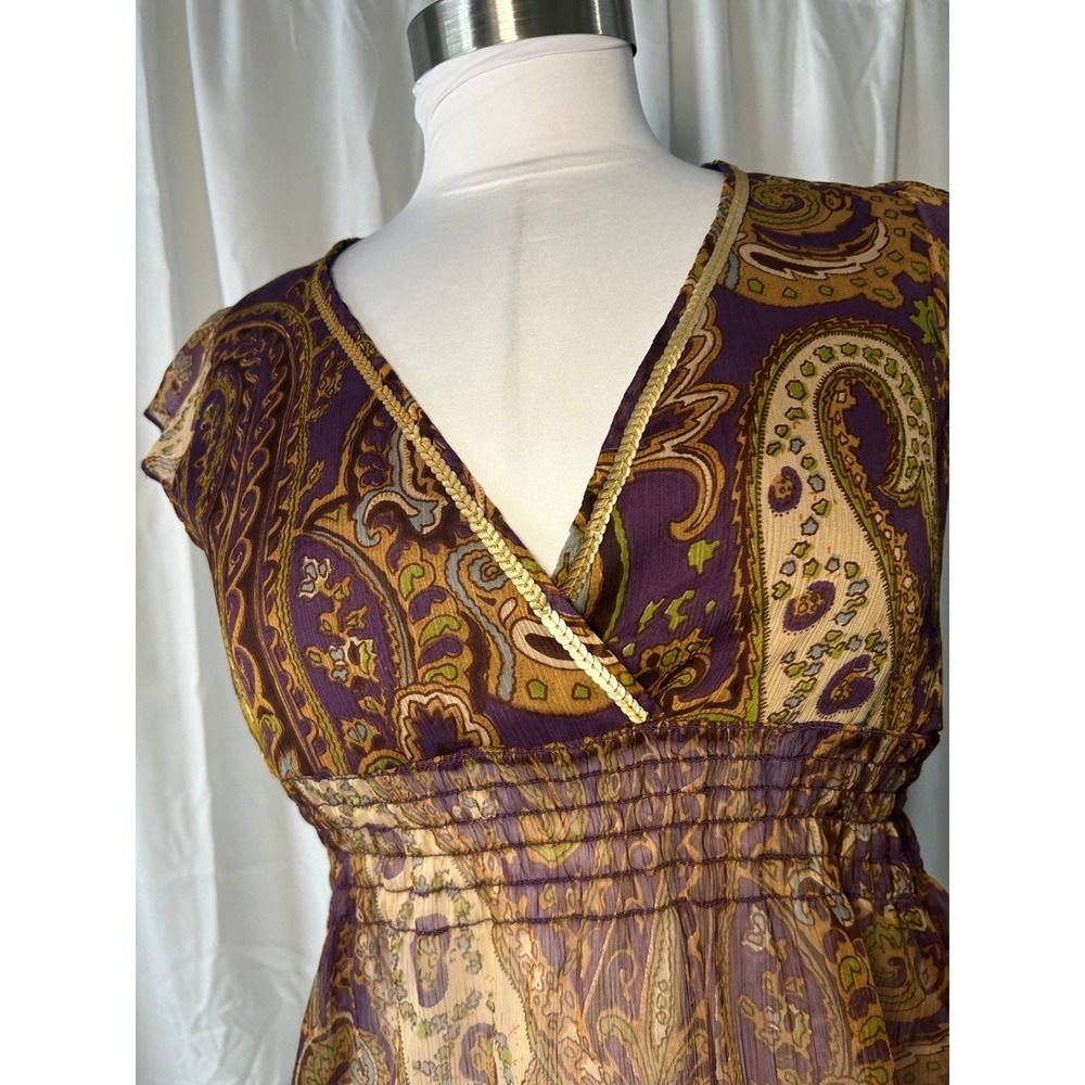 52 Weekends Purple Paisley Sequin Trim Smocked Empire Waist Blouse Small Y2K - Picture 3 of 8